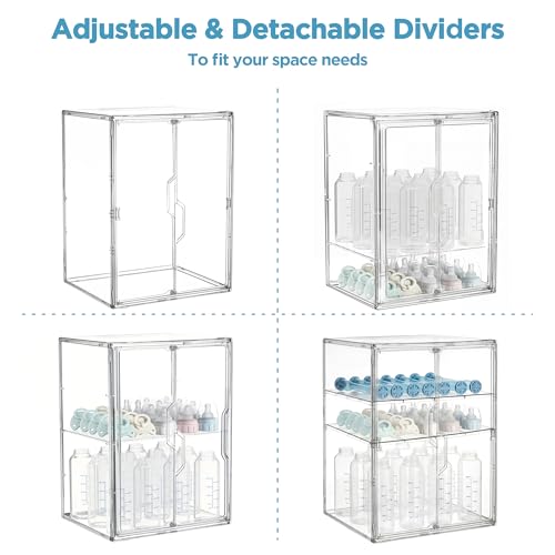 HBlife Baby Bottle Storage Organizer for Countertop Cabinet, 3 Tiers Adjustable Clear Acrylic Bottles Storage Station Case Box Container with 2 Removable Dividers and Magnetic Double Door, X-Large - size: X-Large, style: 3-Tier Double Door