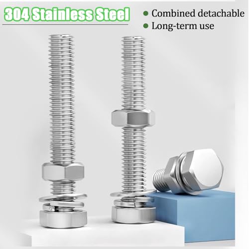 4 Sets 3/8-16 x 4 Stainless Steel Hex Head Screws Bolts, Nuts, Flat & Lock Washers,18-8(304) Full Thread - color: Silver, size: 3/8-16 × 4"（4 Sets）