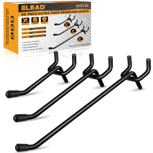 ELEAD 66-Piece 2/4/6 Inch Extra Thick Pegboard Hooks, Heavy Duty Peg Board Organizer Accessories, Peg Board Tool Hangers Fit for 1/4" Pegboard Hanging Tools Garage, Workshop, and Craft Storage - style: 66-Piece 2&4&6 Inch extra thick