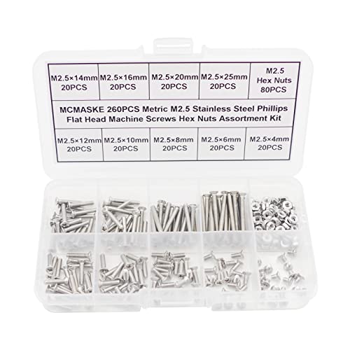 260PCS Metric M2.5 Stainless Steel Phillips Flat Head Machine Screws Hex Nuts Assortment Kit - size: M2.5