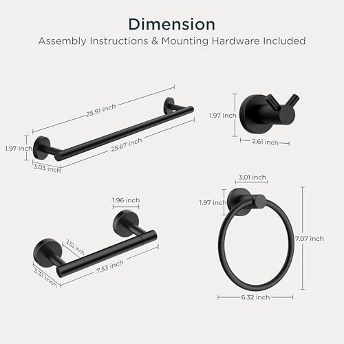FORIOUS Bathroom Accessories, 4-Piece Bathroom Hardware Set - 24" Towel Bar - color: Matte Black