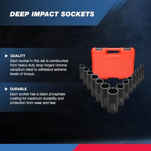 Neiko 02476A 1/2" Impact Socket Set, 14 Piece 6 Point Impact Set, Standard Impact Socket Set, SAE Sizes (3/8-Inch to 1-1/4") Cr-V Steel, Deep Socket Set 1/2 Drive,