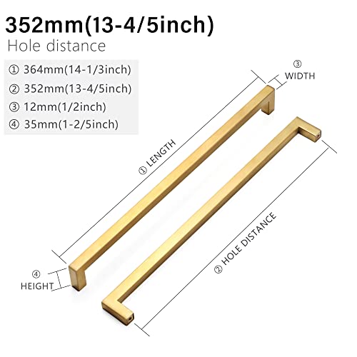 Cabinet Pulls Gold Cabinet Handles Square Drawer Pulls, 10 Pack 13-4/5 Inch Stainless Steel Kitchen Door Cupboard Cabinet Handles, Drawer Hardware Handles, 352mm Hole Centers - color: Gold, size: Two Hole - 13-4/5 inch Hole Centers(352mm)