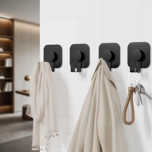 Aikzik 4 Pack Large Heavy Duty Wall Hooks - 26lb Max, Stainless Steel Adhesive Towel Hooks for Hanging Coat, Towel, Robe, Keys, Sticky Shower Hook for Door, Home, Bathroom, Kitchen, Office- Black - color: Black