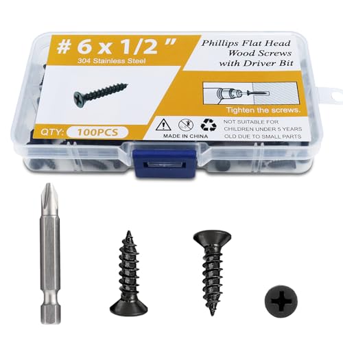 100PCS #6 x 1/2" Black Wood Screws, Flat Head Stainless Steel Sheet Metal Screws, Fast Self Tapping Screws for Deck Drywall Concrete Screws with Screwdriver Bit - style: Black #6X1/2" Flat Head 100PCS