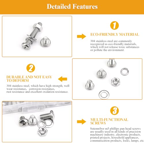 245 Pieces M5 Machine Screws Nuts Washers Set, Sutemribor M5 x 6/8/10/12/16/20/25mm Phillips Pan Head Machine Screws Nuts Washers Assortment Kit, 304 Stainless Steel, Fully Threaded - size: M5, style: Phillips Pan Head