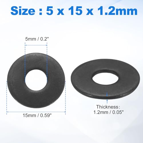 uxcell 75Pcs M5 304 Stainless Steel Flat Washers, ID 5mm, OD 15mm, Thickness 1.2mm Round Metal Washers for Screws Bolts, Outdoor Construction, Black - size: M5*15*1.2mm