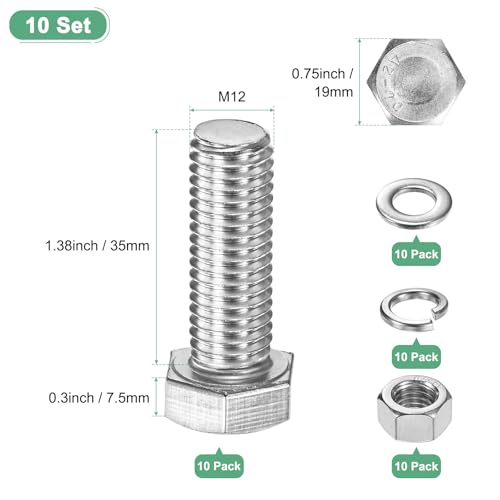 M METERXITY 10-Pack Hex Head Screw Bolt with Nuts Flat & Lock Washers M12x35mm Stainless Steel Bolts and Nuts Kit Fully Threaded Metric Bolt Assortment for Equipment/Machinery - size: M12x35mm