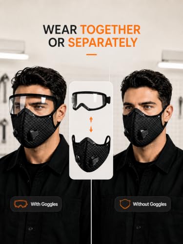 Reusable Carbon Filter Dust Mask with Detachable Goggles, Half Face Windproof Mask with 30 Filters & 2 Valves for Woodworking, Cycling, Mowing, Sanding