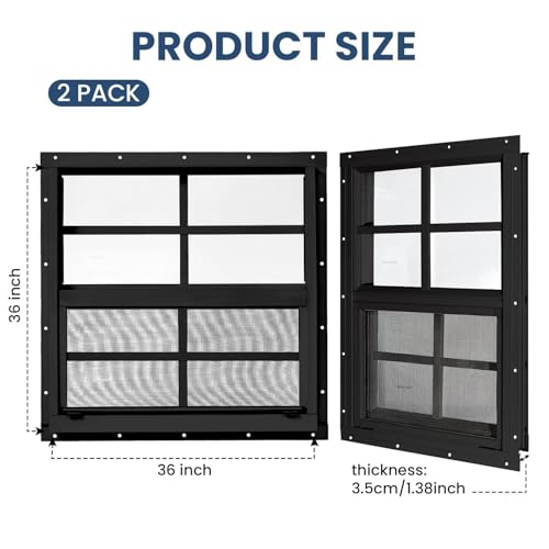 2 Pack Shed Windows, Chicken Coop Windows, 36" x 36" Black - color: Black, size: 36"x36"
