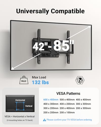 Pipishell Full Motion TV Wall Mount for 42-85 inch LED TVs up to 132lbs, Fits 65 75 Inch Swivel TV Mount Bracket with Articulating Arms, Max VESA 600x400mm, Fits 12” 16" Wood Studs - style: Fits 42-85" TVs / Max 16" Wood Stud