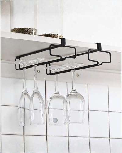 LINFIDITE Wine Glass Holder 2PCS Stemware Rack Hanger Under Cabinet Wine Glass Rack Kitchen Hanging Storage Rack Organizer,Black (For Partition Thickness under 0.98") - color: Black, size: Shelf Thickness Under 0.98in