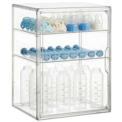 HBlife Baby Bottle Storage Organizer for Countertop Cabinet, 3 Tiers Adjustable Clear Acrylic Bottles Storage Station Case Box Container with 2 Removable Dividers and Magnetic Door, Large - size: Large, style: 3-Tier Single Door