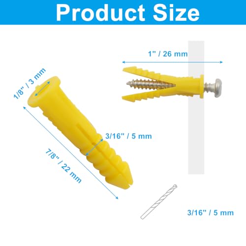 Drywall Anchors and Screws Kit, 100 Pcs, #4-#6 7/8" Yellow - size: 7/8"