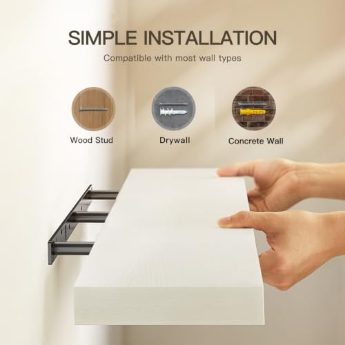 Amada 47 Inch Floating Shelves with Invisible Brackets, Set of 2, White | Wall Shelves with Hidden Bracket, Solid MDF Wood, 22 lbs Max Load per Shelf, Easy to Assemble, Multi-Wall Compatible - color: White, size: 47 inches