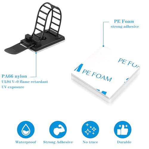 Adjustable adhesive cable management clips 50Pcs, large self adhesive cable ties clips ，Suitable for cable management under desks and on walls(Black) - color: Black