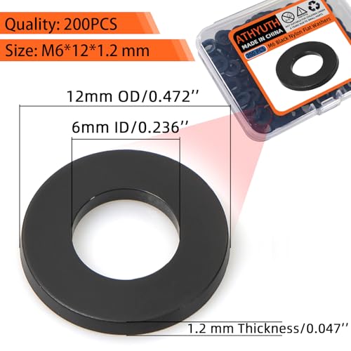 M6 Black Nylon Washers, 6mm ID, 12mm OD, 1.2mm Thickness, Plastic Flat Round Washers, 200 Pieces Nylon Washer Hardware Set - size: M6