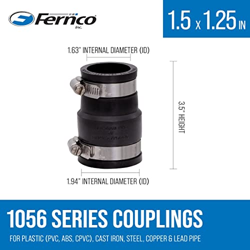 Fernco 1056-150/125 1-1/2-in. x 1-1/4-in. Flexible PVC Pipe Coupling for Cast Iron and Plastic Plumbing Connections, 2-Pack