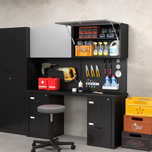 Garage Wall Cabinet, Metal Tool Cabinet with Lock&Adjustable Shelf - color: Black-silver