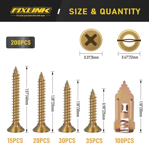 Self Drilling Drywall Anchors Kit, FIXLINK 200PCS 2 Sizes Sheetrock Anchors & 4 Sizes Screws, Zinc Plated Steel, No Drill or Holes in Wall, for TV, Wall Hanging, Cabinets - size: 4 Sizes 200 PCS
