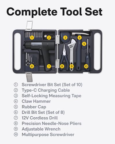 HOTO 12V Brushless Cordless Drill Tool Set, Power Drill Tool Kit | Variable Speed, Intelligent Digital Display, Exquisite & Practical for Home Use, Beginner-Friendly, with Essential Tools