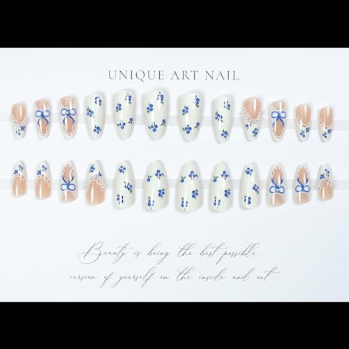 LPOODDNU Blue White Press on Nails Almond - Medium Blueberry Lace French Pearl Design Fake Nails, Glossy Finished Reusable False Nails with Adhesive Glue Tabs - 24Pcs Nail Kit for Women Manicure - color: blue white blueberry