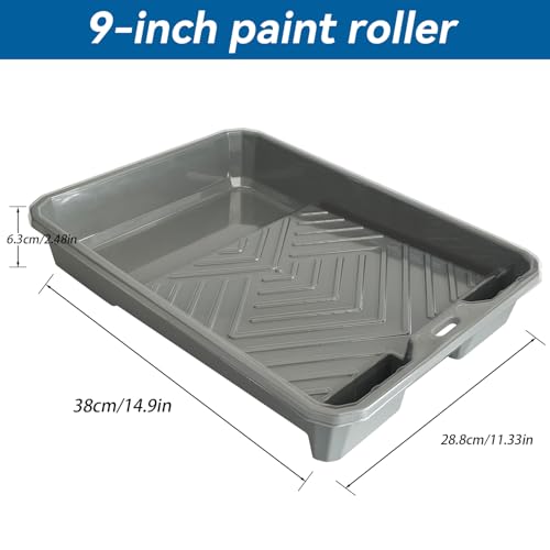 12PCS Paint Tray Set, 1 x 9 Inch Paint Roller Tray, 10 x Disposable Tray Liners and 1 x Roller Frame for Painting Walls, Ceilings, Trim, Siding