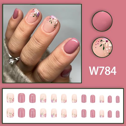 Brown Flower Oval False Nails - Summer Real Short Nude Fake Nails with Cute Daisy Designs, Glossy Finish - 24pc Kit
