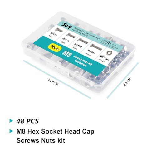 M8 x 10mm 20mm 30mm 40mm Hex Socket Head Cap Screws Bolts and Nuts, Stainless Steel 304, Bright Finish, Metric Allen Drive, Fully Thread, Assortment Kit 48PCS - size: Socket M8x10-40mm+Nuts