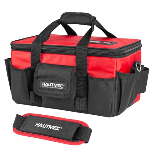 HAUTMEC 16-Inch Tool Bag, Heavy-Duty 1680D Tool Box with Padded Shoulder Strap, Double zipper, Trolley Sleeve, Wide Mouth Tool Case with Removable Divider for Quick Action - HT0401