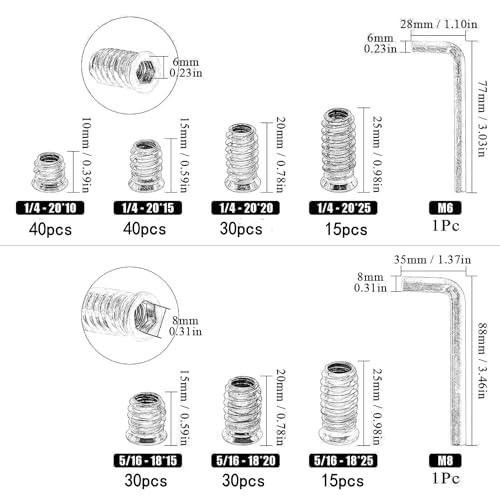 200pcs Threaded Inserts for Wood,1/4"-20 5/16"-18 Screw in Nut Kit,10 Sizes - size: 1/4"-20 / 5/16"-18 Assortment Kit