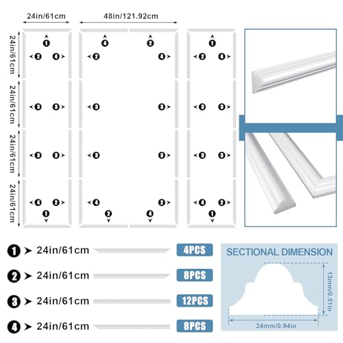 Pangda 3set Peel and Stick Wall Molding Kit 3D Premade, 24x96in+48x96in - size: 24x96in+48x96in