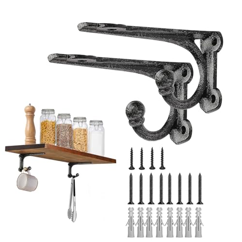Shelf Brackets 4 Inch 2 Pack, Cast Iron Shelf Brackets for Wall Shelving, Rustic Shelving Brackets with Hooks Black, Heavy Duty Floating Brackets Wall Mounted - size: 2 Pack 4" Bracket