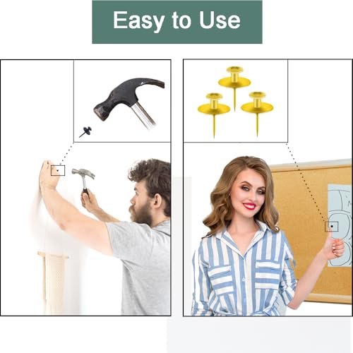 50 PCS Picture Hangers Hooks for Drywall, Gold Push Pins Double Headed Nails Thumbtacks for Wall Hangings Picture, Decorative Small Pins for Cork Board Home Office Photo Decorations - style: Gold