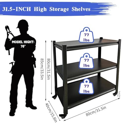 330LBS Workbench on Wheels, 3-Tier Metal Garage Storage Shelves, Adjustable Heavy Duty Rolling Utility Cart for Warehouse Workshop Basement Pantry Kitchen, 31.5"x15.8"x31.5",Black