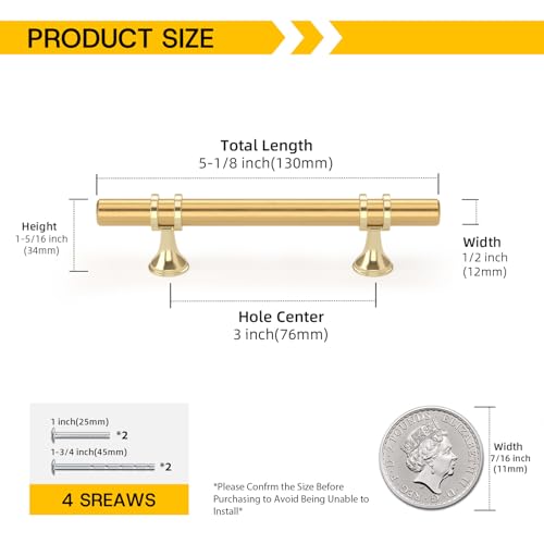 Rergy 10 Pack 3 Inch Hole Center Gold Handles for Cabinets Kitchen Pulls - color: Gold, size: 3in Hole Center(76mm)