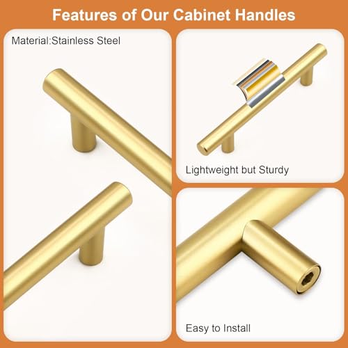 Probrico 30 Pack Hole Centers (90mm) 3.5inch Gold Kitchen Cabinet Handles Stainless Steel Polished Gold Cabinet Pulls Round T Bar Pull Handle for Cabinets and Drawers Total Length 6inch(150mm) - color: Gold, size: Hole Centers: 3-1/2"