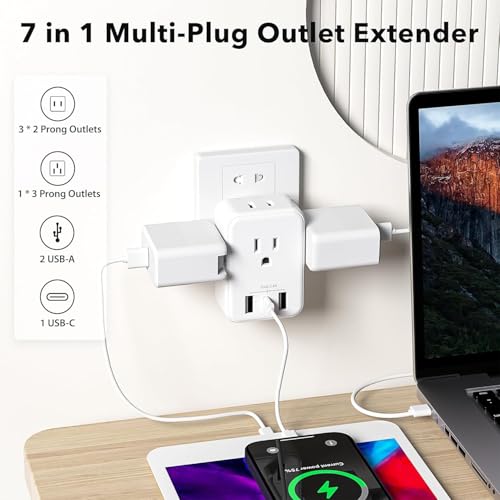 BN-LINK Multi Plug Outlet Extender 2 Pack, Outlet Splitter with 4 Outlet and 3 USB Ports (1 USB C), 4-Sided Multiple Plug Expander for Travel Kitchen Dorm Room Cruise Ship Essentials, White - size: 2pack-4 Outlets(USB)