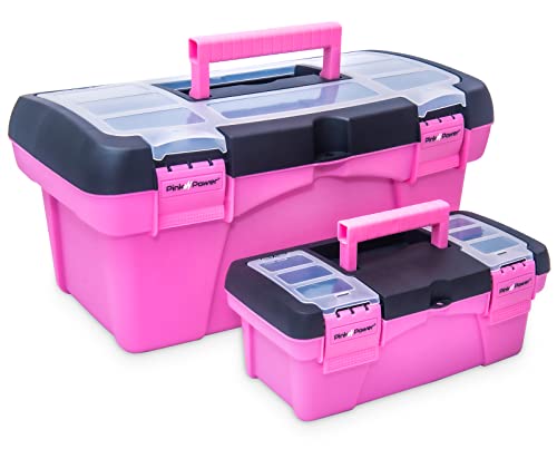 Pink Tool Box for Women - Sewing, Art & Craft Organizer Small & Large Plastic Tool Box with Handle - Pink Toolbox Sewing Tool Storage Box - Portable Mini Locking Tool Boxes (2 Pack)