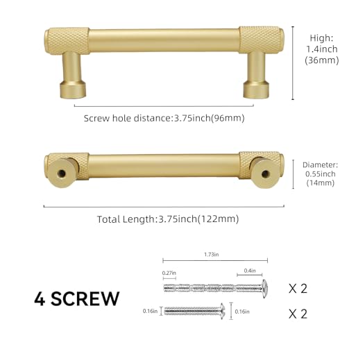 10 Pack 3-3/4 Inch(96mm) Brushed Brass Kitchen Cabinet Handles Knurled Cabinet Pulls Gold Drawer Pulls Cabinet Hardware Kitchen Handles Drawer Pulls Dresser Handles - color: Brushed Brass, size: 3-3/4" Hole Center