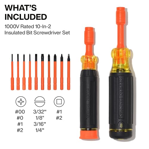Klein Tools 32310INS 10-in-2 Insulated Multi-Bit and Multi-Bit Precision Screwdriver Set, Auto-Locking Collar, 1000V Rated, In-Handle Bit Storage - size: 2-Piece Set