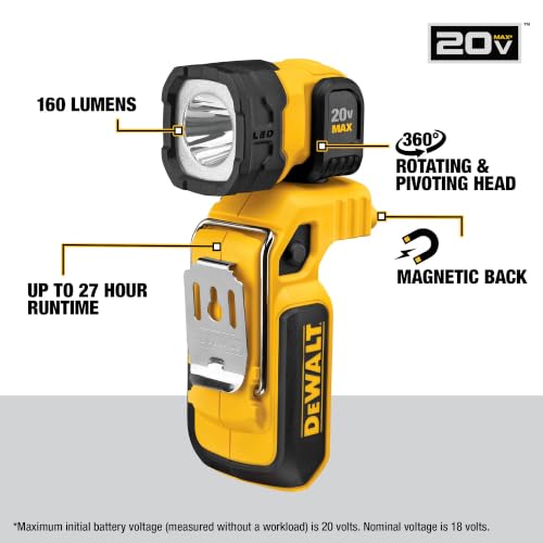 DEWALT 20V MAX LED Work Light Rechargeable, LED Flashlight, Magnetic Flashlight, Freestanding and Clip-On Light, 360 degree pivoting Head, Tool Only (DCL044)