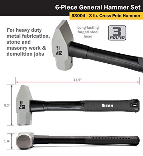 Titan 63136 6-Piece Hammer Set, Includes 16oz & 32oz Ball Pein, 32oz Rubber Mallet, 3lb Sledgehammer, 2lb Dead Blow & 3lb Cross Pein - style: 6pc Set Assorted
