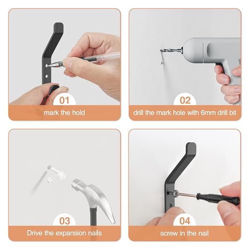 susswiff 10-Pack Coat Hook for Hanging, 20LB (Max), Stainless Wall Hooks for Towel, Hat, Backpack, Key, Clothes, Wall Mounted Coat Hanger for Closet, Metal, Black, 3.75"