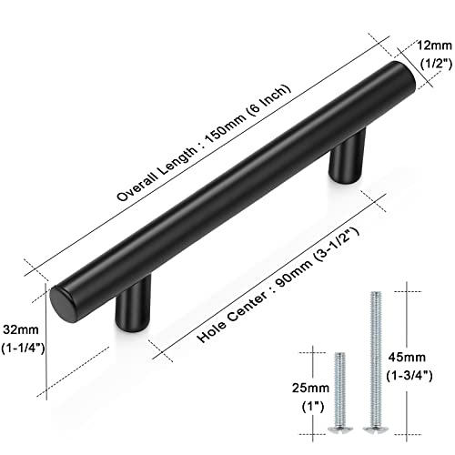 Probrico 5 Pack|3-1/2 Inch Black Cabinet Pulls Stainless Steel Kitchen Cabinet Handles, Round T Bar Cupboard Furniture Hardware,Drawer Dresser Closet Pulls Wardrobe Handles,Total Lenght:6 Inch - color: Black, size: hole center 3-1/2"