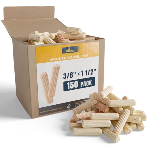 ALBO Wooden Dowel Pins 3/8 x 1 1/2 inch Fluted Wood Dowels Rods 150 Pack Hardwood Crafts Dowel Pegs - size: 3/8"- 150 Psc