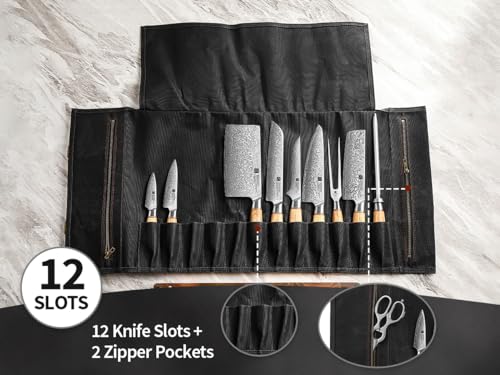 XINZUO Chef Knife Roll Bag Professional,16oz Waxed Canvas and Crazy Horse Leather,12 Slots Plus 2 Zipper Pockets,Adjustable Shoulder Strap-Travel Tool Roll Pouch(Bag Only) - color: Black