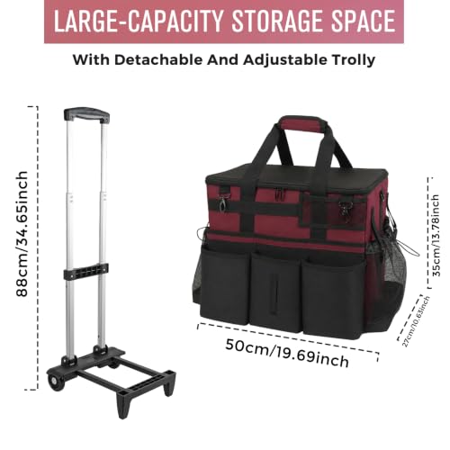 SCAVATA Rolling Cleaning Caddy Bag with Detachable Trolley, Large Cleaning Supplies Organizer with Wheels, Multi-Pocket Cleaning Cart with Adjustable Shoulder Strap for Housekeepers (Magenta) - color: Magenta