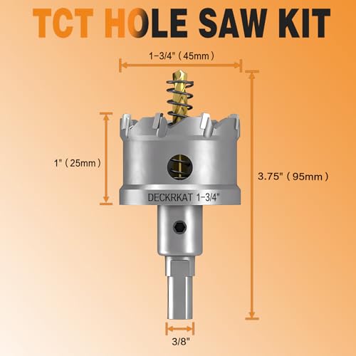 DECKRKAT 1-3/4" TCT Hole Saws for Hard Metal, Heavy Duty 45mm Tungsten Carbide Tipped Hole Cutters Set with Spring-Loaded Pilot Drill Bits for Stainless Steel, Metal, Iron, and Plastic. - size: 1-3/4" (45mm) X 1Pcs