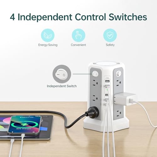 2PS Surge Protector Power Strip Tower 10FT（4A1C with PD18W USB C Port - style: Gray White-2PC-4A1C